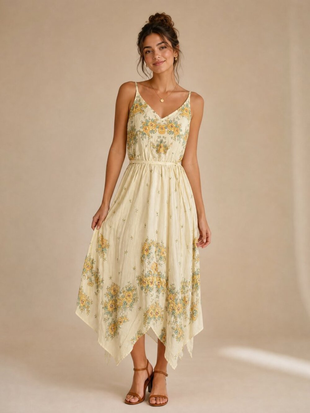 UO Butter Yellow Fairycore Floral Handkerchief Hem Midi Dress Cottagecore